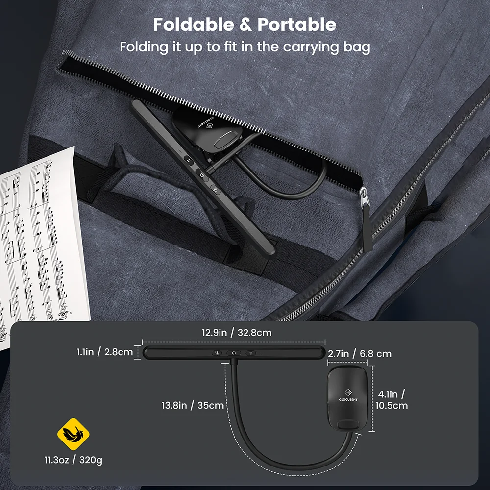 Glocusent New Foldable Long-Lasting Clip on Piano Musical Sheet Lamp Color & Brightness Adjustable Led Music Stand Light