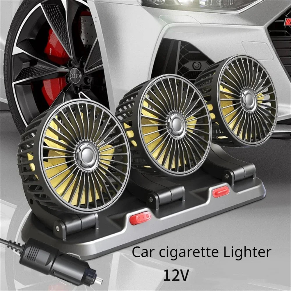 Adjustable car cooling fan 360° dual head, 2-speed, 5V USB/12V/24V cigarette plug