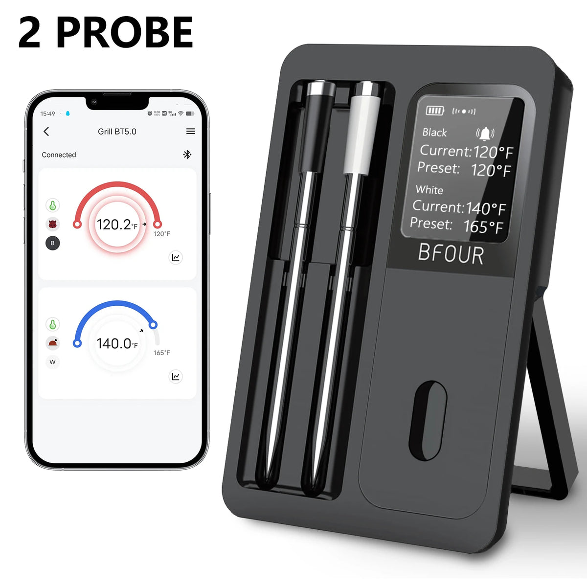Wireless Bluetooth Meat Thermometer IP67 Waterproof Probes with LCD Screen Booster Rechargeable for Grilling Smoker BBQ Oven