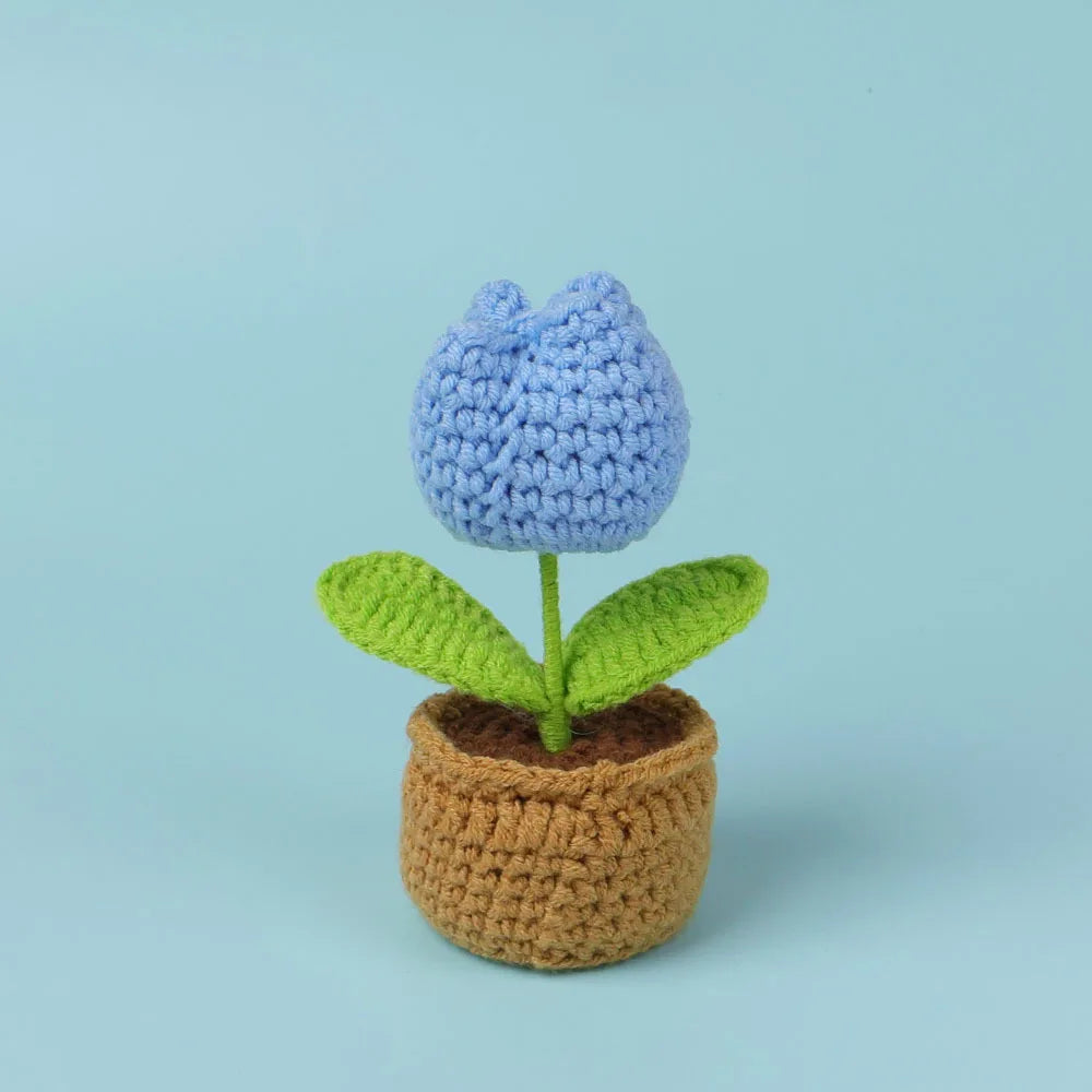 Mini Tulips Crochet Flowers Potted Cute Knitting Flowers Table Car Decor Handmade Artificial Tulips Flores Tejidas