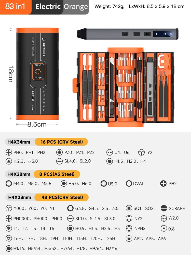 83-in-1 Precision Electric Screwdriver Set USB Rechargeable 4-Level Torque LED Display Light