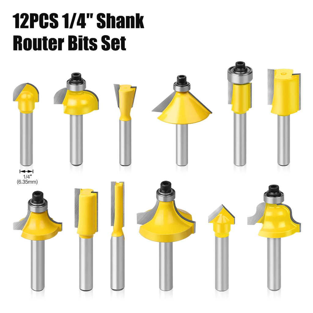 12pcs Router Bits Set Carbide Straight Trim Milling Cutters, 6mm/8mm/6.35mm/12.7mm Shank