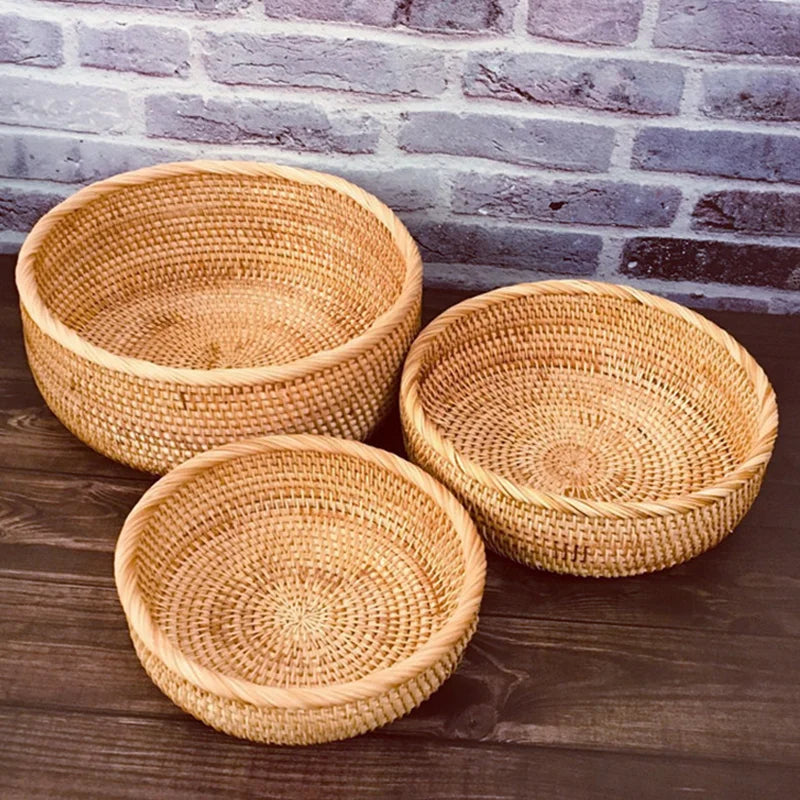 Hand-woven Rattan Wicker Basket Storage Box Fruit Tea Snack Bread Basket Cosmetic Desktop Storage Box Household Kitchen Supplies