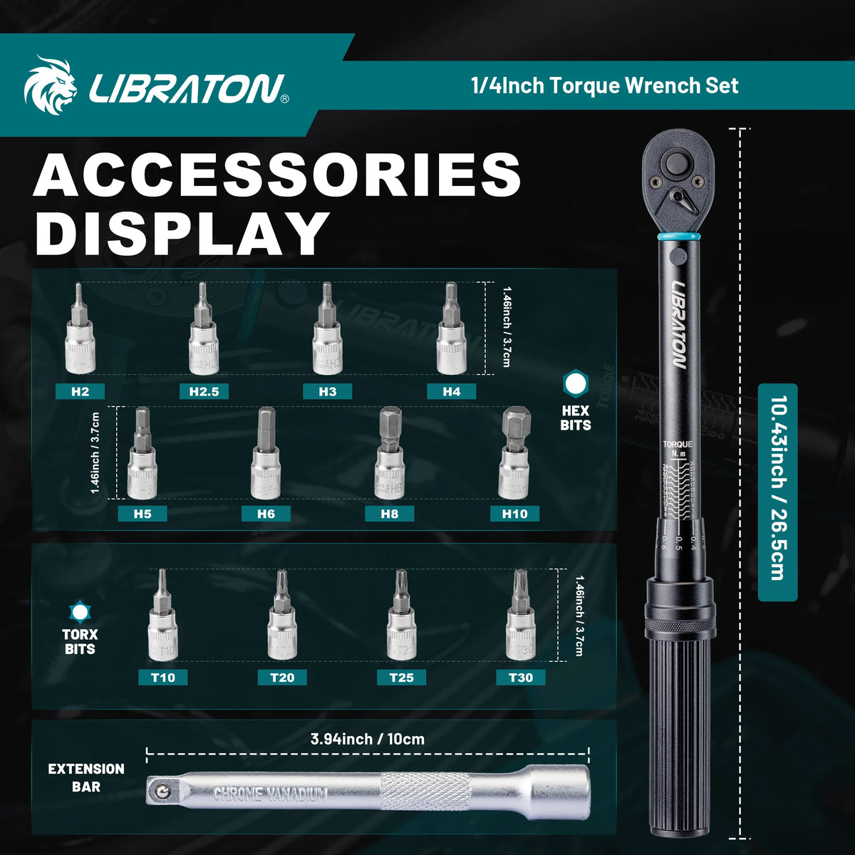 LIBRATON 1/4'' Bike Torque Wrench, 5-25Nm / 1-6Nm High Precision Torque Wrench, accuracy of ±3%, Square Drive Torque Wrench Set