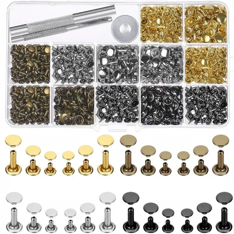 Metal Double Cap Rivets Stud Round Spike Nail With Tool Kits For Shoes Bag Belt Leathercraft Repair Clothing Garment Accessories