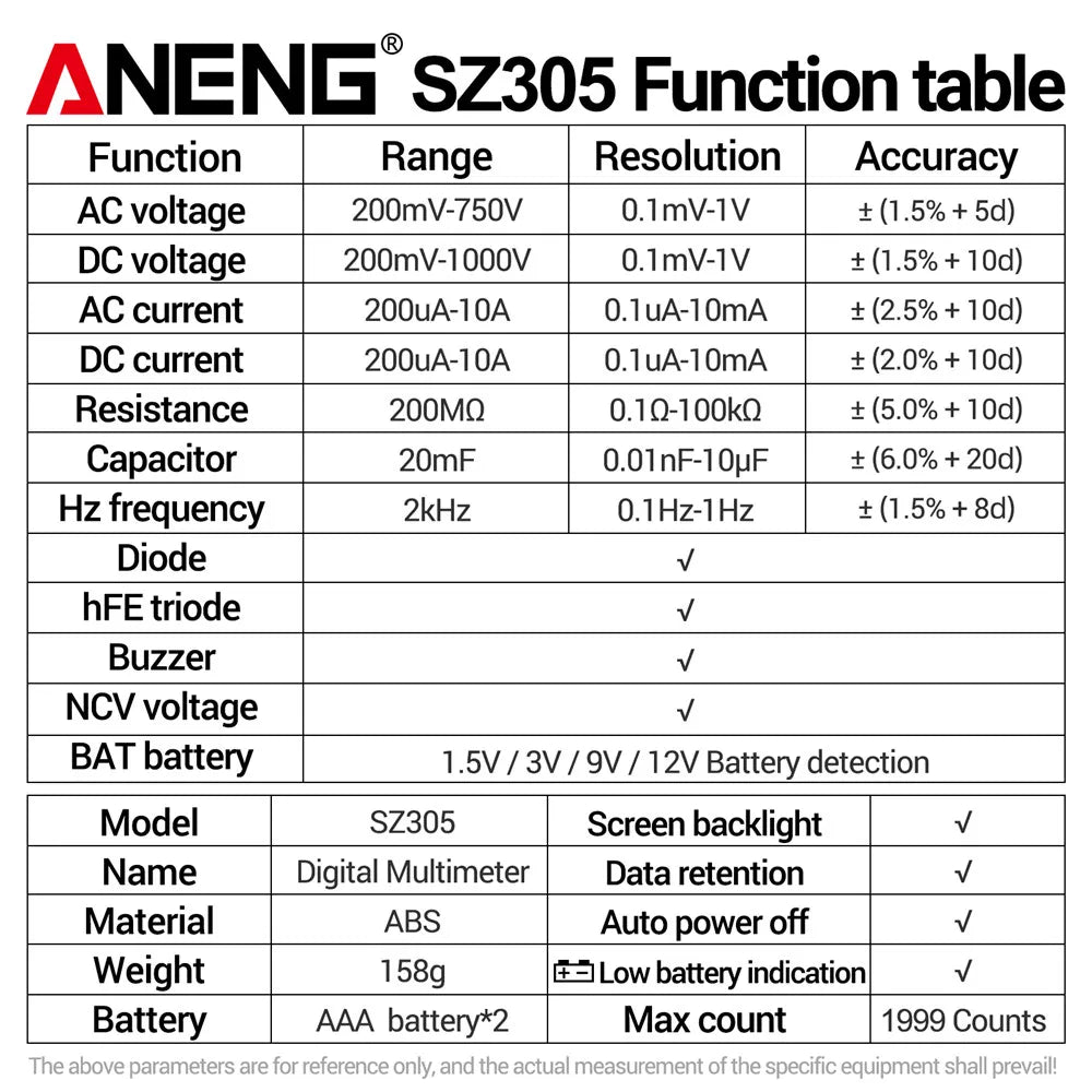ANENG Multifunction Digital Multimeter AC/DC Voltage Current Capacitance NCV Induction Resistance hFE Triode Buzzer Hz Test Tool