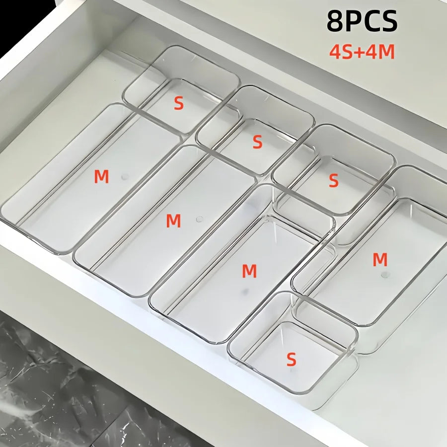 Transparent Drawer Organizer Storage Boxes Set, Desktop Office Stationery Divider, 4/7/8pcs