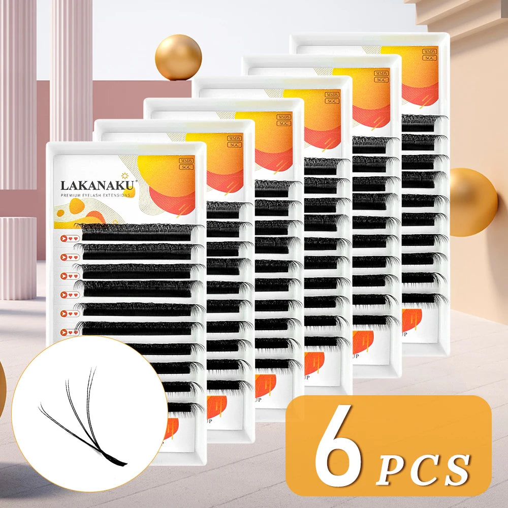 LAKANAKU 6 Trays 6D W Shaped Eyelash Extensions Volume Egipcio Full Cilios Natural Fio 6w Lash Soft Fans