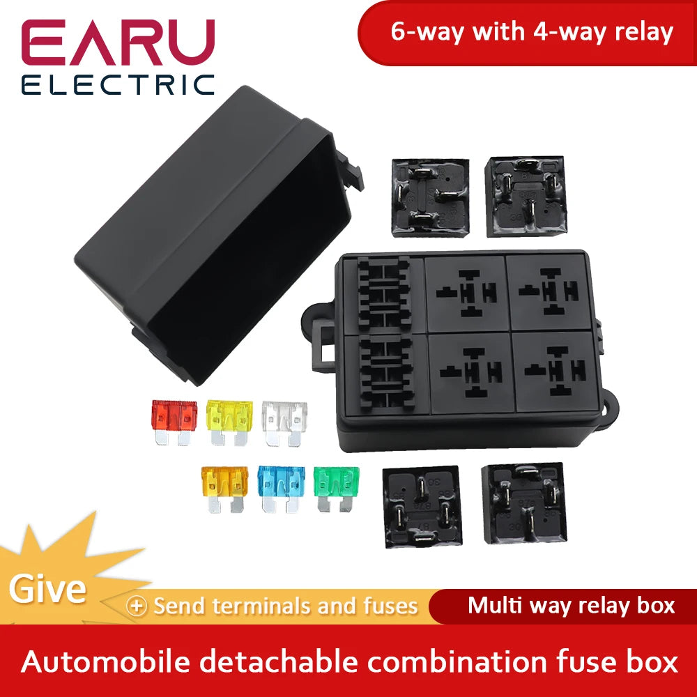 Earu automotive fuse box with relay block assembly, 3-15 way circuit protection (style options)