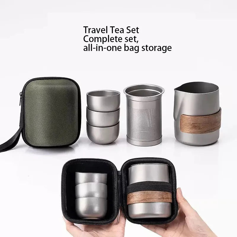 Titanium-plated stainless steel portable travel tea set, including teapot and double-walled tea cups, lightweight outdoor campi
