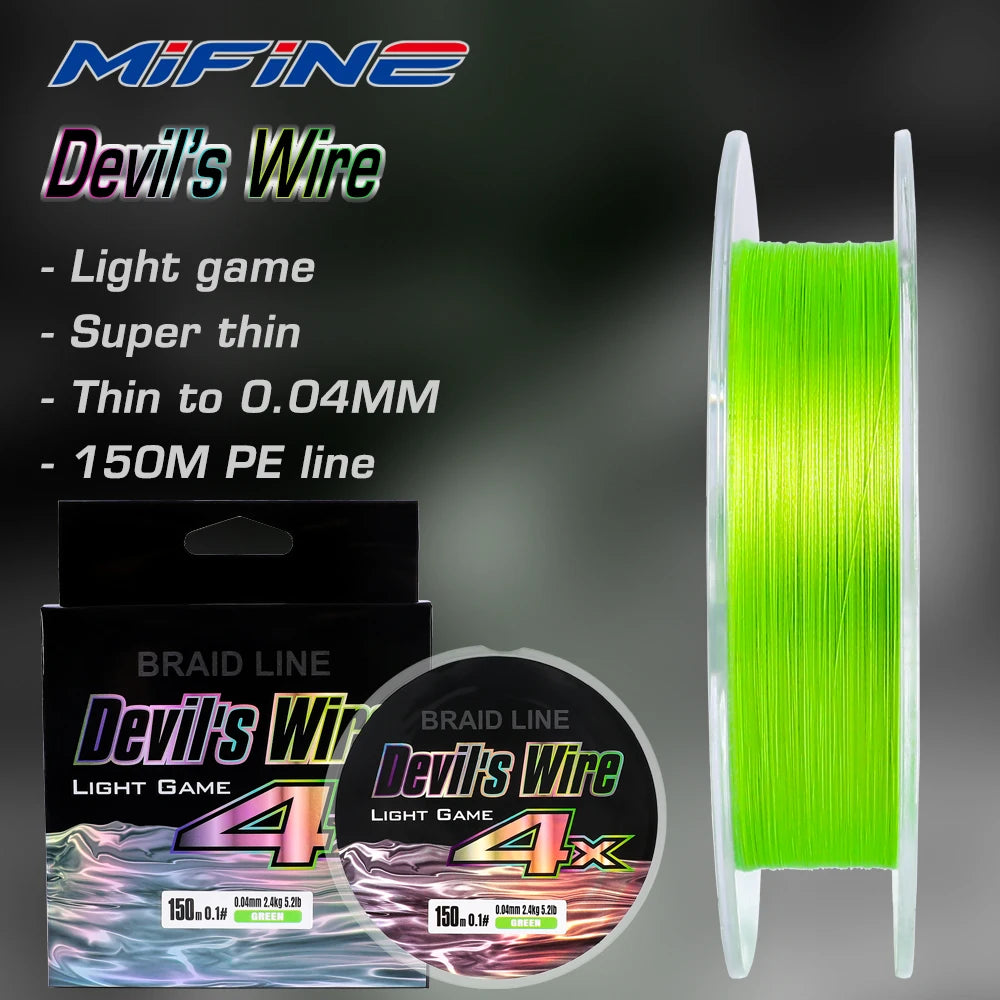 MIFINE Devil's Wire Light Game Fishing Line 150M Thin and Strong 4X Braided PE Line Fishing Wire Accessories Perch, Bass, Trout