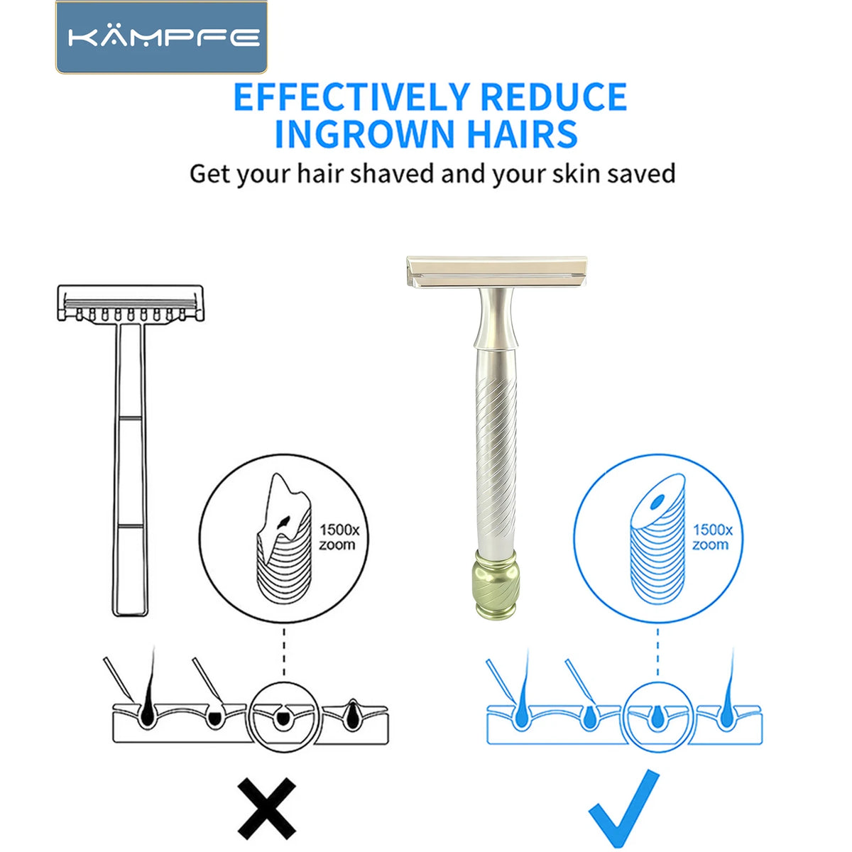 KAMPFE Traditional CNC Aluminum Metal Safety 30° Fixed Angle Razor Double Edge Manual Shaver for Close Shave Razor