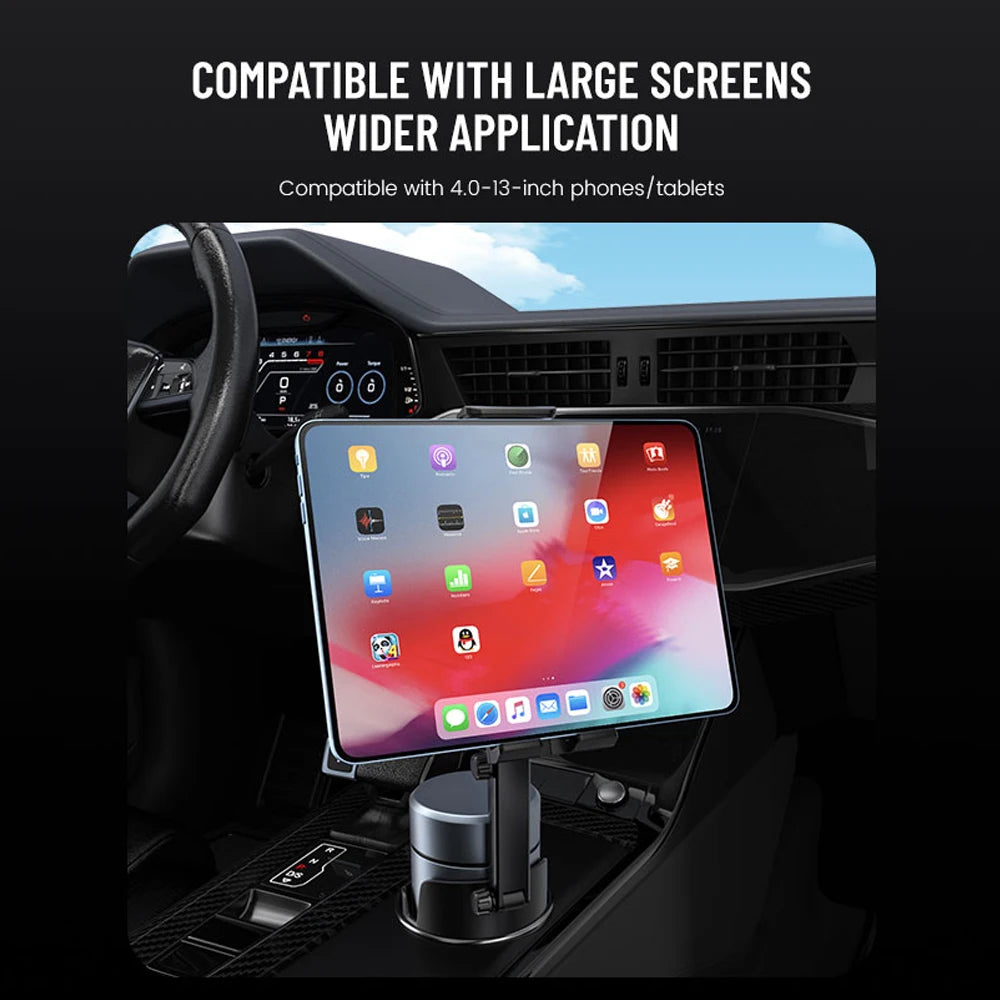 Car Cup Holder Tablet and Phone Mount, Universal Stand for 4-13 Inch Devices, Secure Holder for Navigation and Passenger Viewing
