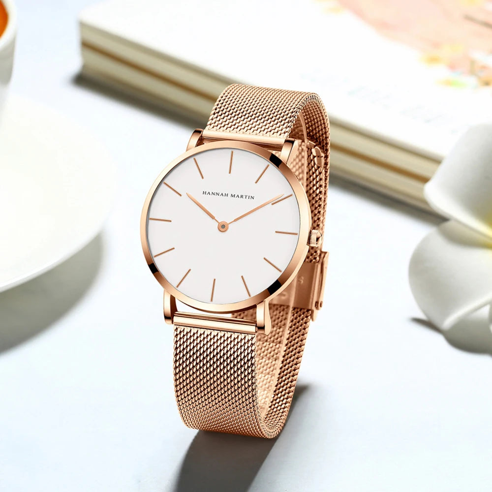 2023 New Women Bracelet Watch 1 Set Japan Quartz Movement Simple Rose Gold Stainless Steel Mesh Student Watches Relogio Feminino