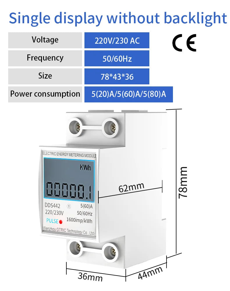 GTRIC Electric Energy Meter 2P Single Phase  LCD Digital Display DIN Rail Mounting 2-wire Electric Meter Wattmeter AC 230V 50Hz