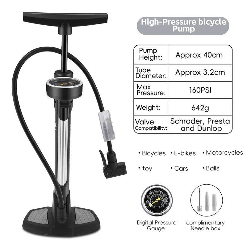 WEST BIKING Digital Bicycle Tire Pump 160 PSI with Gauge, Presta/Schrader/Dunlop, Black