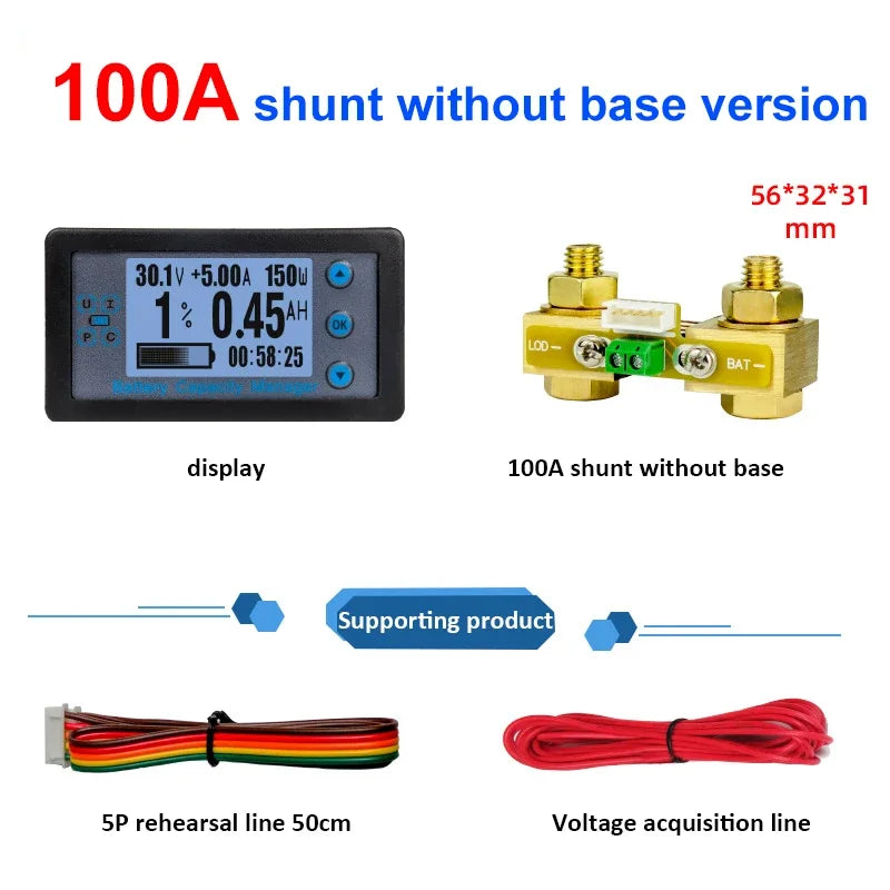 Wired Shunt Coulombmeter DC 8-120V 100/200/300/500A Energy Meter Battery Capacity Tester Low Voltage Alarm LCD Ammeter Voltmeter