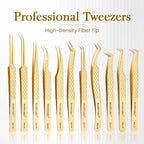MASSCAKU Fiber Tip Eyelash Extension Tweezers Gold Stainless Steel Lash Pickup Tool