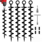 4 Pack Heavy Duty Spiral Ground Anchors with Nut and Tool, Black - Trampoline Tent Swing Set
