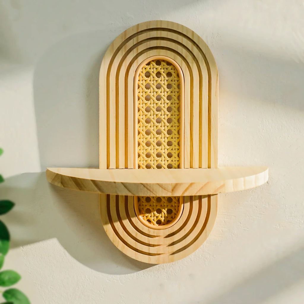Wooden geometric wall mounted shelf, natural wood finish, boho decor, 1pc