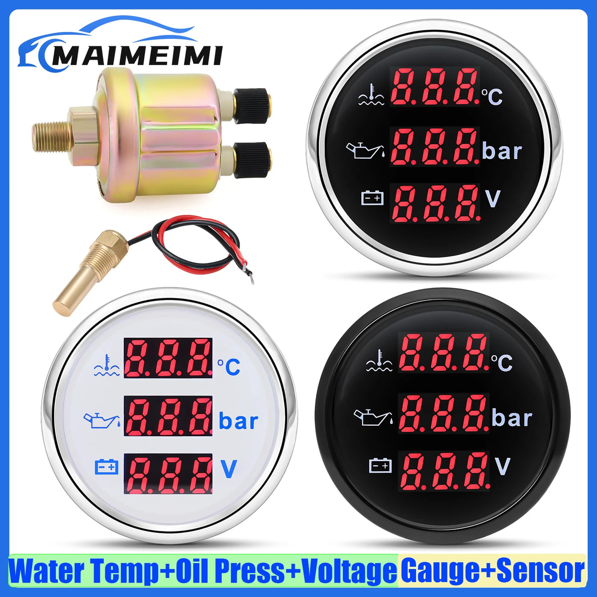 Auto Car 3 IN 1 52mm Gauge Water Temperature+Oil Pressure+Volt with Alarm Red LED Digital Water Temp Gauge+Sensor 12V24V Custom