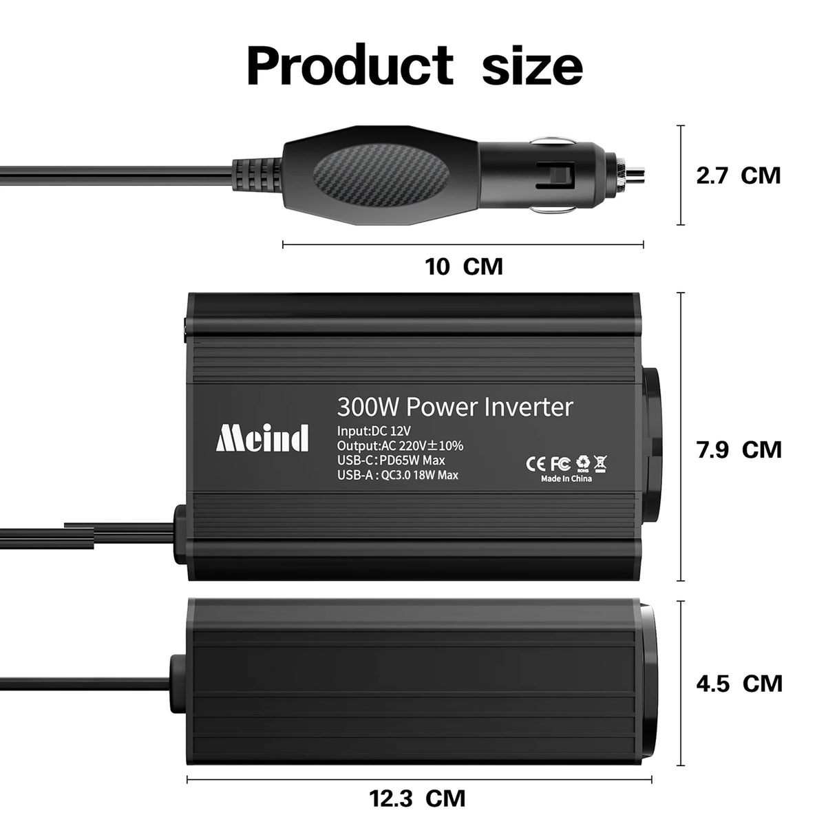 Meind 300W Car Power Inverter with EU Socket DC12V to AC220V Car Charger with Dual USB ports PD65W + QC3.0