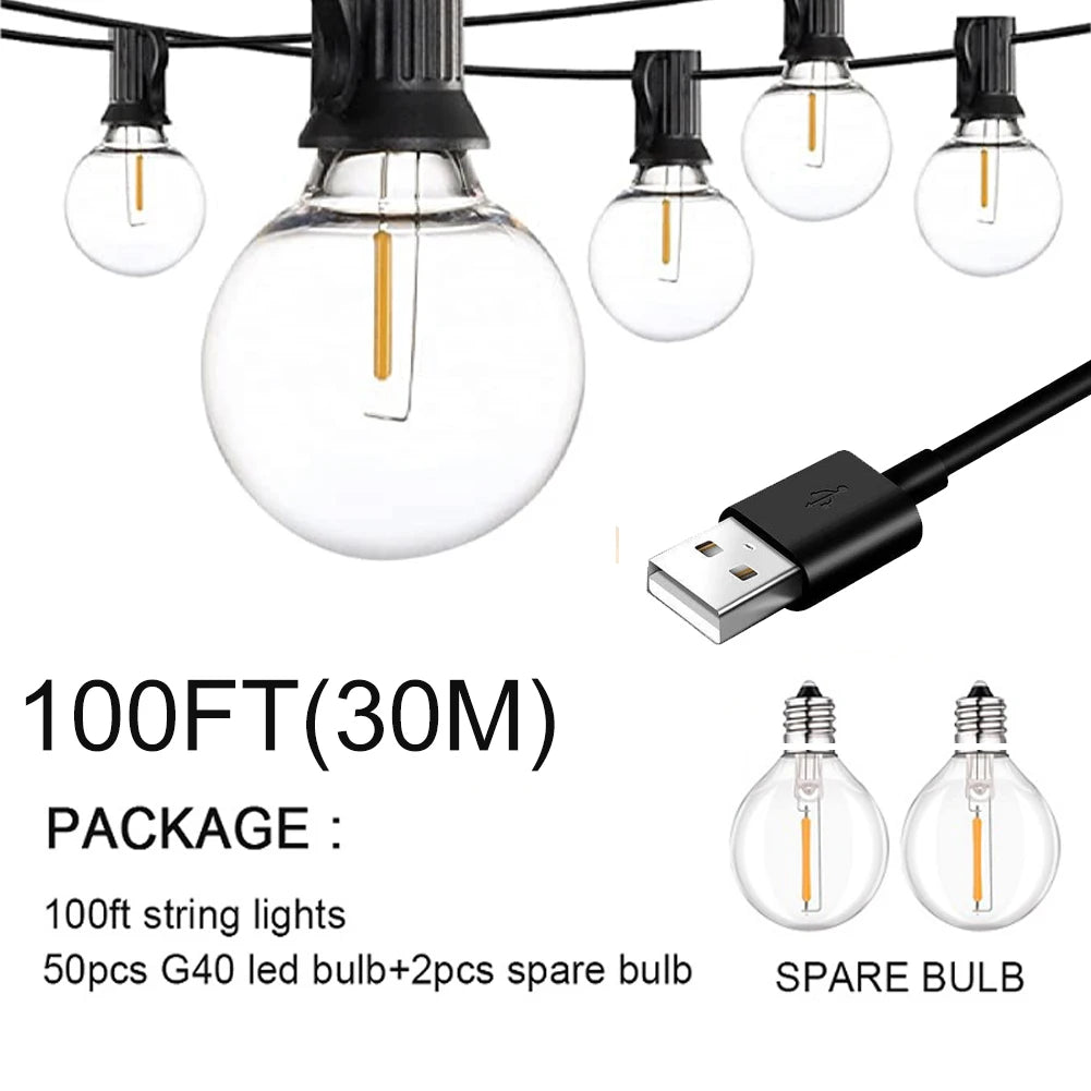 30m 15m 7.6m USB LED Lights 5V 1W G40 Plastic Bulb Outdoor Waterproof Tent Fairy Patio Festoon String Light Wedding Decor