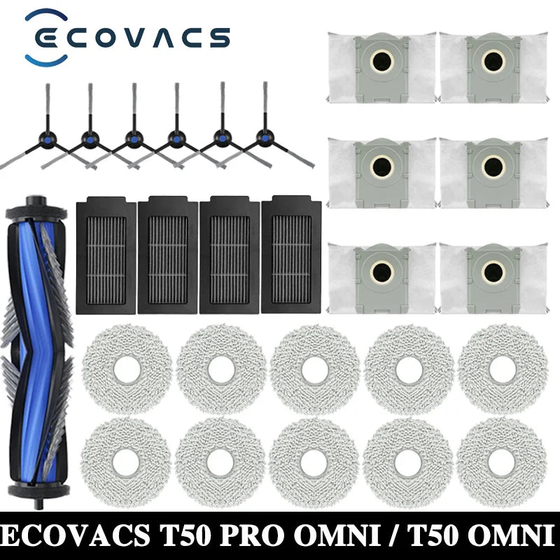 ECOVACS T50 PRO OMNI / T50 OMNI Robot Vacuum Spare Parts Main Side Brushes Mop Cloths HEPA Filters Dust Bags Accessories