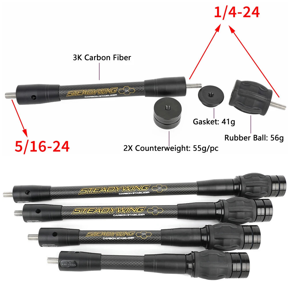 Archery Bow Stabilizer 3K Carbon Fibre Rod Stainless Steel Counterweight Bow Arrow Hunting Shooting Target Damper Shock Absorber