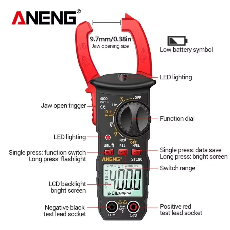 ST180 Digital Clamp Meter 4000 Count AC Current Multimeter Voltage Tester 1pc