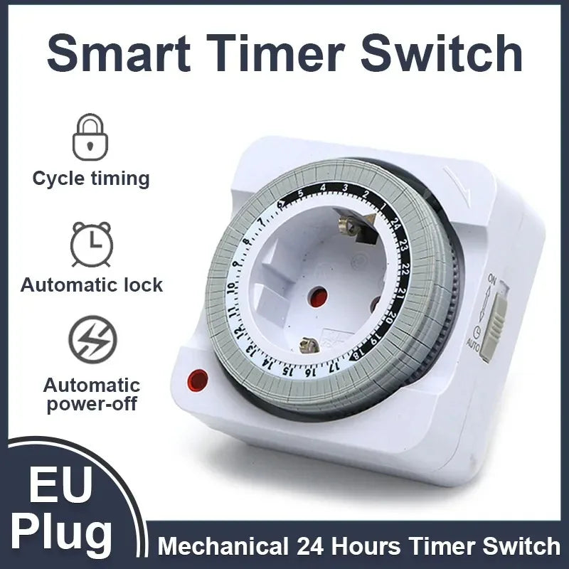 24-Hour Mechanical Outlet Timer Socket EU Plug Countdown Auto Power Off Indoor Use