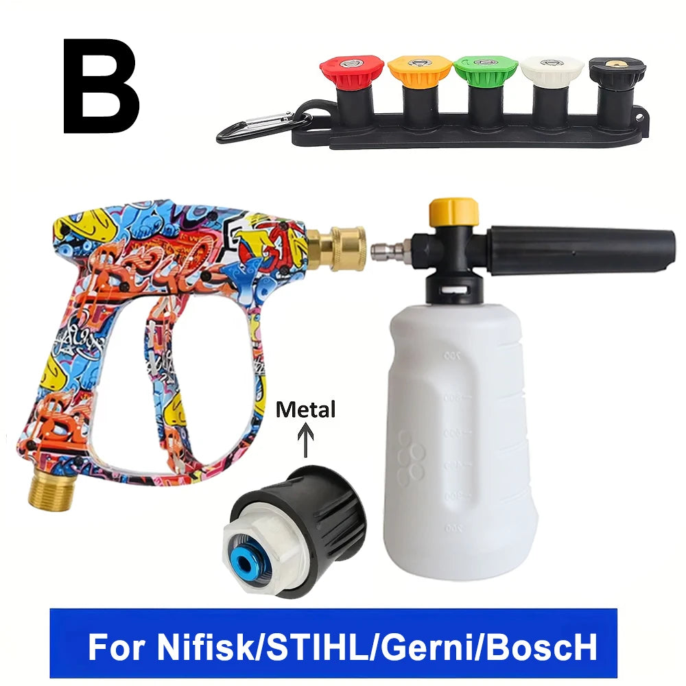 Vibrant Painted Pressure Washer Gun with Plastic Foam Cannon + Bosch Adapter + 5-Color Nozzle Set, Specialized for Low-Power Cle