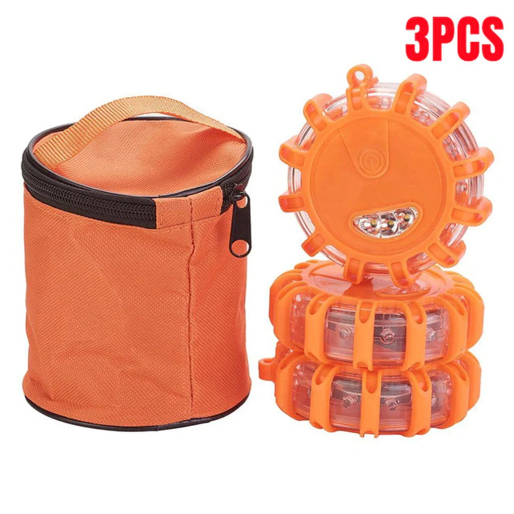 3pcs LED Road Flare Car Emergency Lights Roadside Safety Beacon Disc Flashing Warning Flare Kits with Magnetic Base Storage Bags