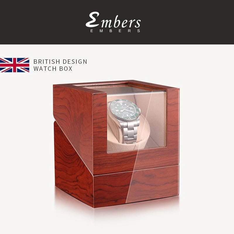 Embers Luxry Single Watch Winder Battery Wooden Shaker Watch Box Automatic Winder Glass Storage Case Mabuchi Motro