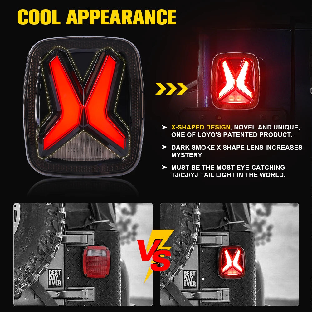 Car Rear LED Tail Lights For Jeep Wrangler CJ TJ YJ 1998-2006 Universal 'X'Shape Design Smoked 12v Drl Modified Brake Tail Lamp