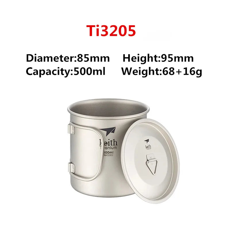 Keith Titanium Cup Titanium Water Mugs Folding Handle Single Wall Cup Outdoor Camping Travel Hiking Cups With Lid 220ml-900ml
