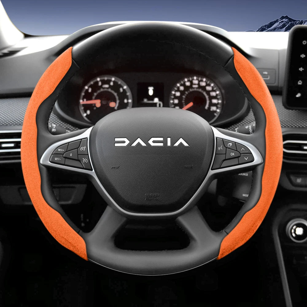 Suitable for Dacia Sports Suede Steering Wheel Cover, Split Snap-On Anti-Slip Style, for Models Such as Sandero Stepway, Duster, Jogger, Bigster, Spring, Electric, Cargo, Logan, Etc., in Black, Brown, Mocha, and Red Co