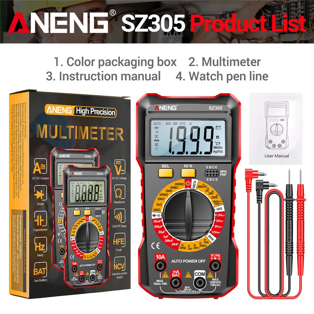 ANENG Multifunction Digital Multimeter AC/DC Voltage Current Capacitance NCV Induction Resistance hFE Triode Buzzer Hz Test Tool