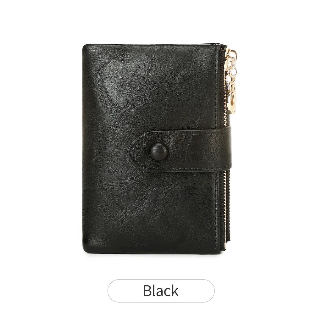 Women's Short Wallet Double Zipper Card Holder 3-Layer Large Capacity QB347 Black