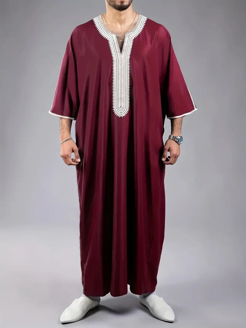 Summer 2025 Kaftan Muslim Men's Short Sleeve Embroidered Loose Casual Robe Breathable Islamic Abaya for Men