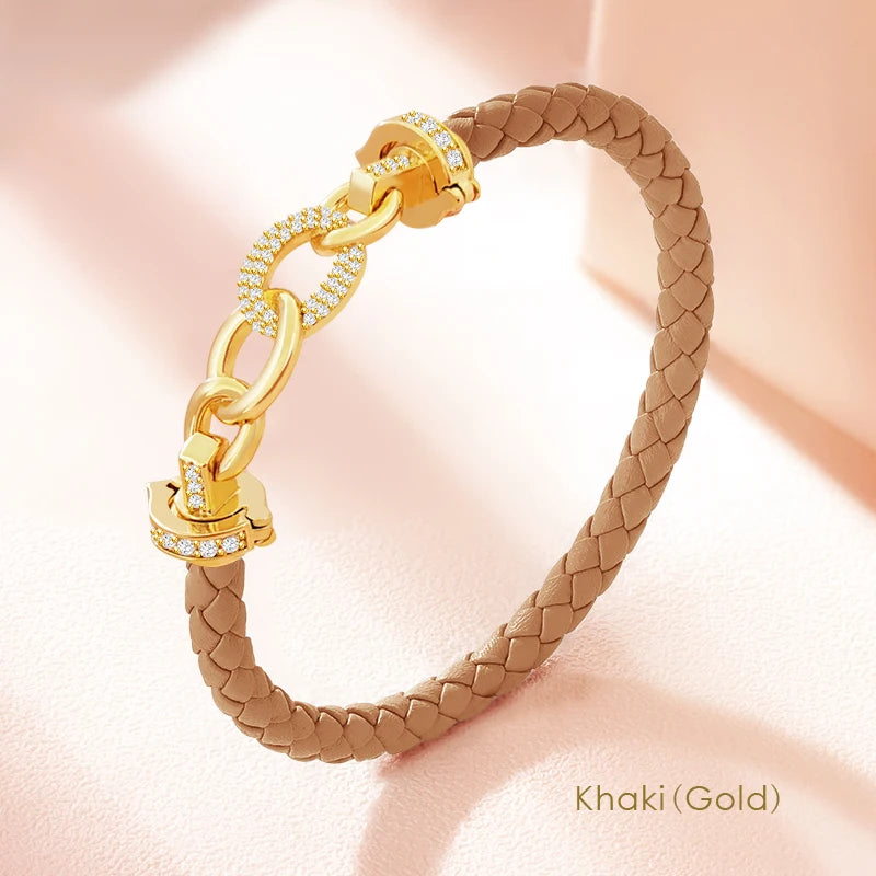 MOONLIGHT New Luxury Women's Zircon Ring Round Bracelet Genuine Braided Leather Bracelet for Woman Fashion Accessories 8 colors