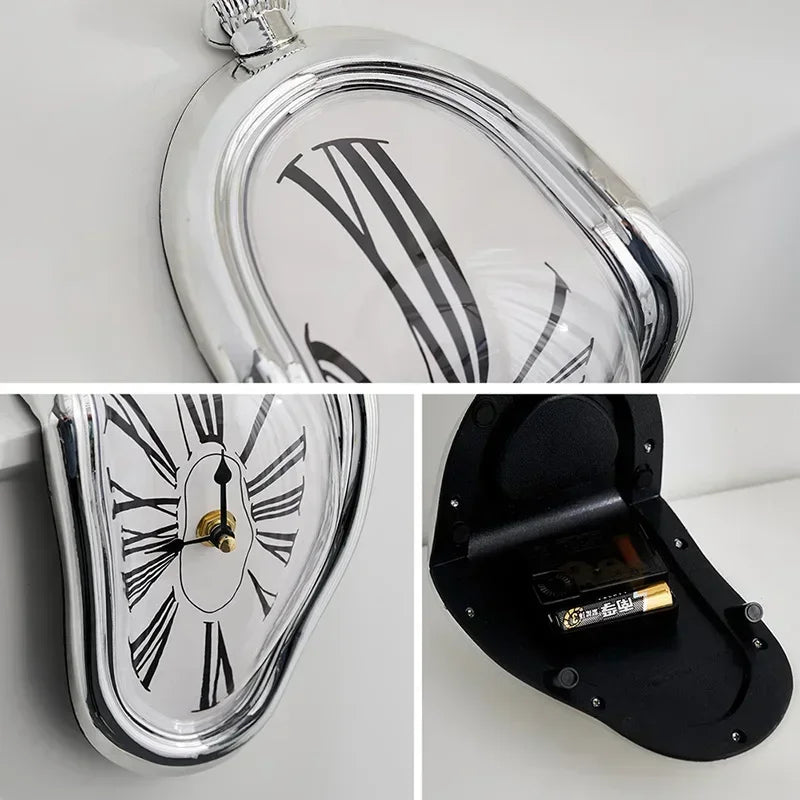 Surreal melting wall clock Salvador Dali style distorted wall decor, black/gold/silver/white