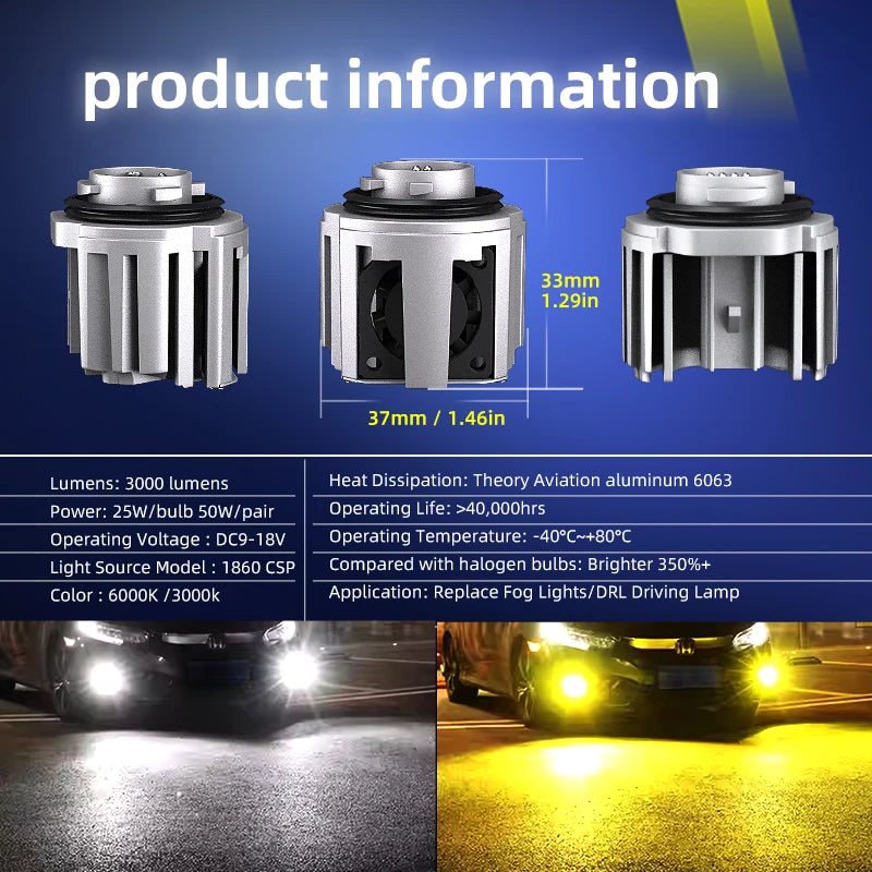 2pcs LED fog light bulbs DRL dual color white/yellow with fan for Toyota Hilux 2020-2022
