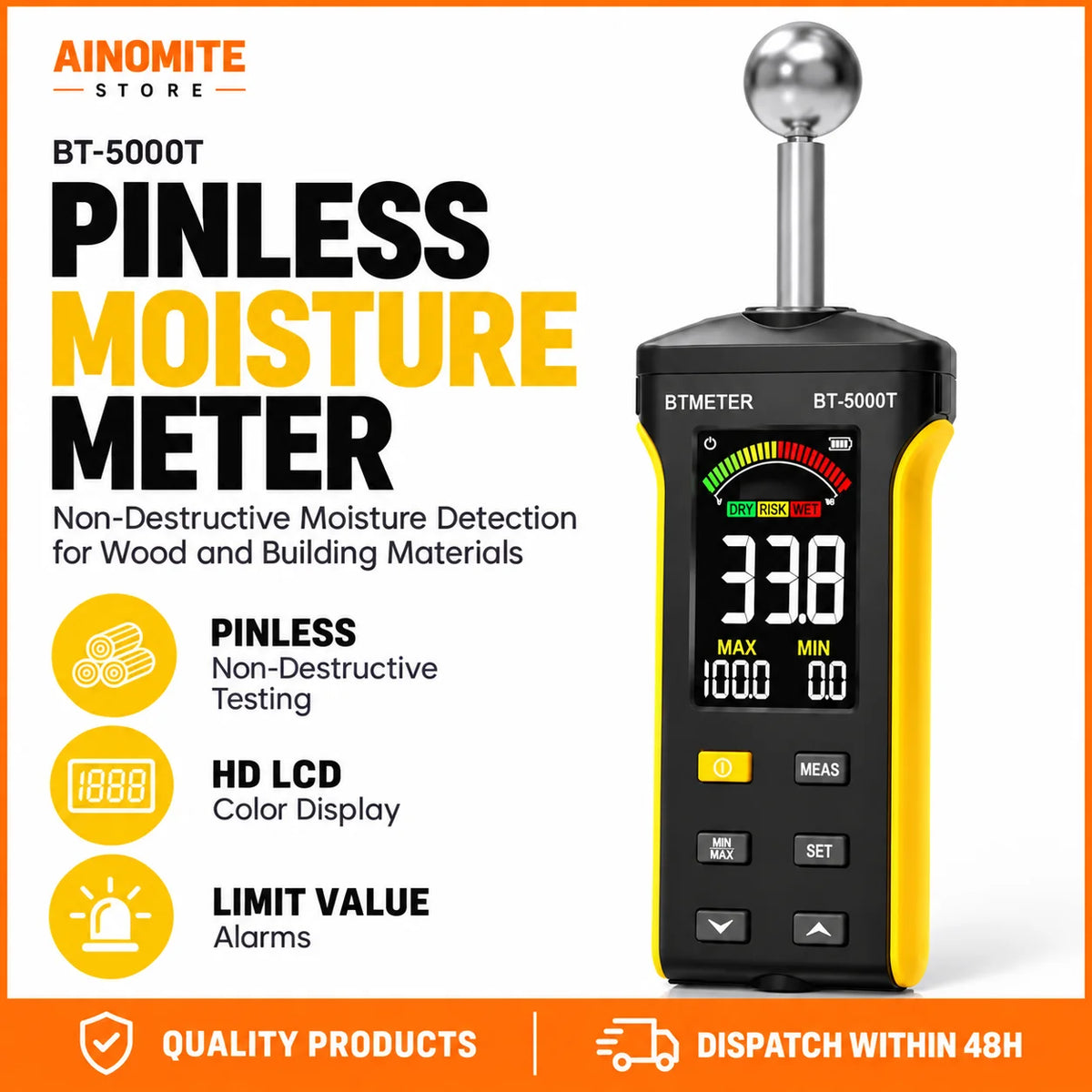 BTMETER Wood Moisture Meter - Pinless Moisture Detector Measur Depth 20-40mm Non-Destructive Moisture Tester with Masonry