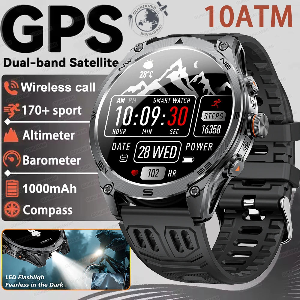 2026 New 1000mAh Big Battery Smart Watch Men Outdoor GPS Compass 10ATM Waterproof Bluetooth Call AMOLED HD Swim Sport Smartwatch