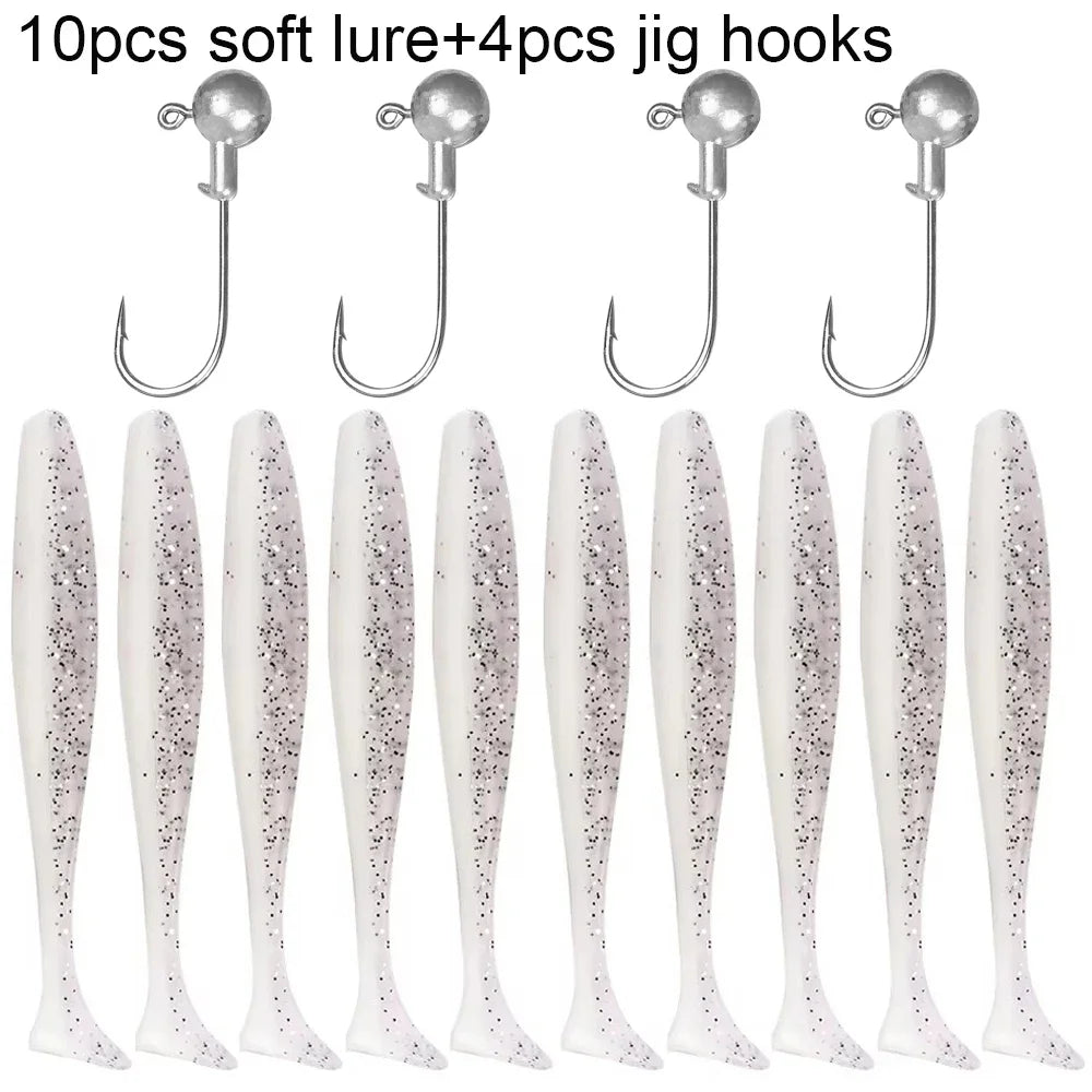 14PCS Gear Kit 10PCS Soft Lure 5.5cm 7cm 10cm T Tail Worm 4PCS Jigging Head Hook 3g 5g 10g Metal Jig Fishing Pesca Swimbait Bait
