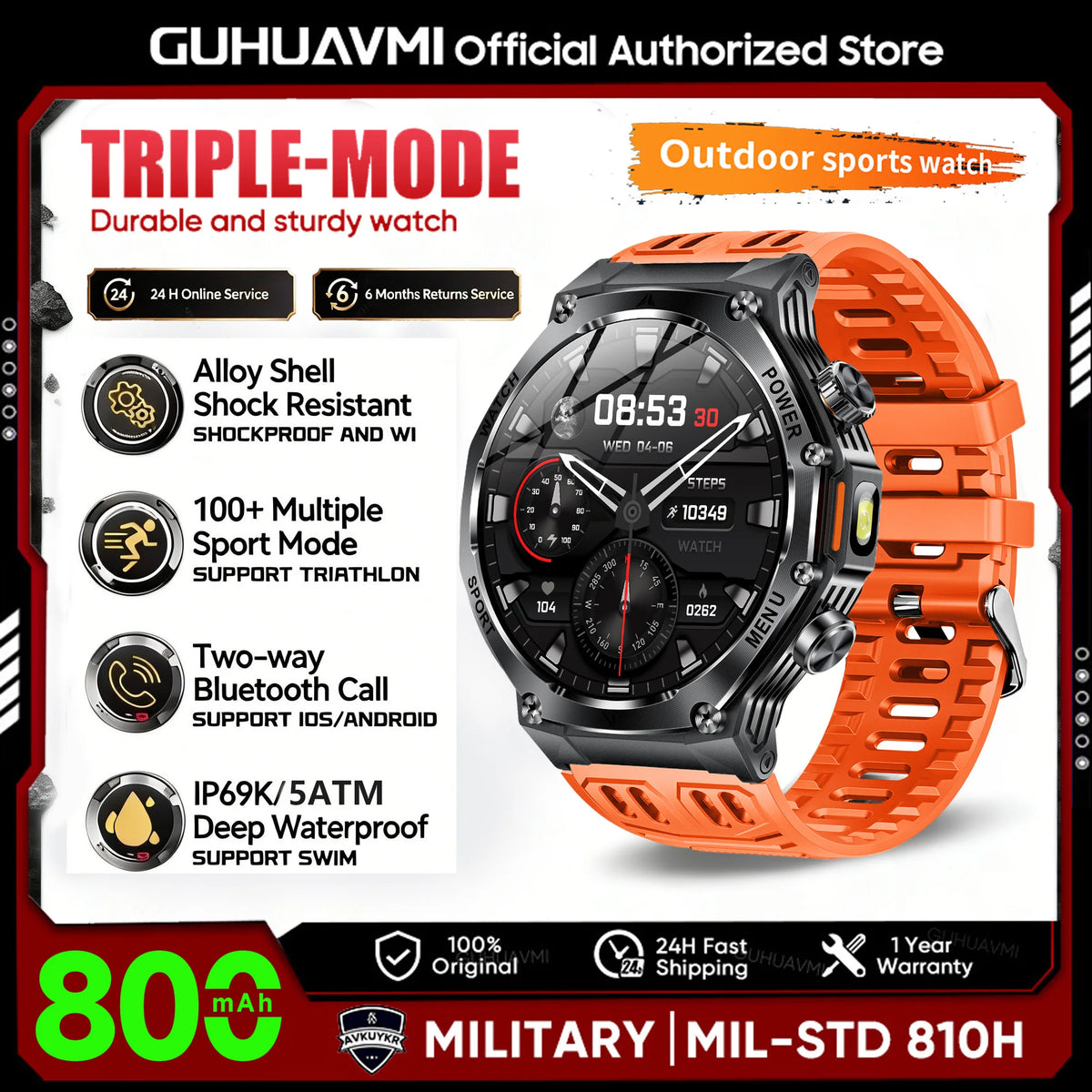2026 New 800mAh Big Battery Smart Watch Men Outdoor GPS Flashlight 5ATM Waterproof Bluetooth Call AMOLED HD Sports Smartwatches