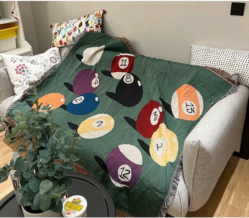Billiard Balls Pattern Fringed Throw Blanket Retro Pool Balls Themed Woven Couch & Bed Blanket Game Room Decorative Throw