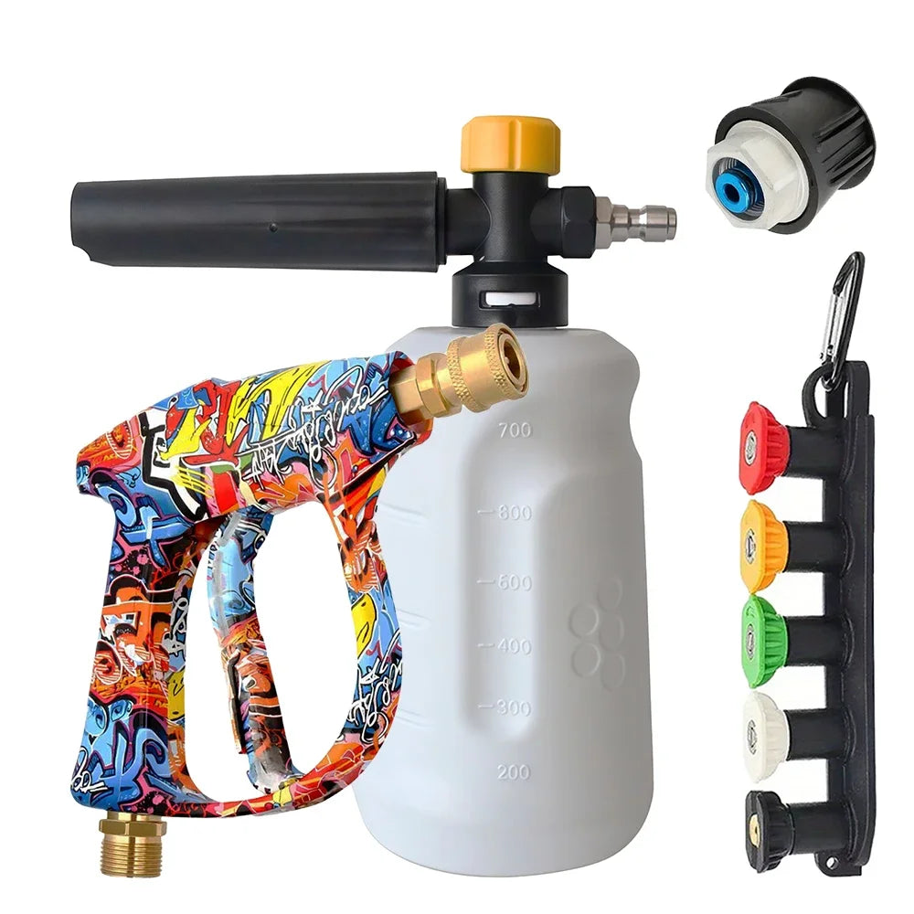 Vibrant Painted Pressure Washer Gun with Plastic Foam Cannon + Bosch Adapter + 5-Color Nozzle Set, Specialized for Low-Power Cle