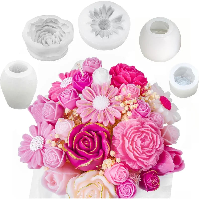 5Flower Candle Mold Set，3D Floral silicone candle mold，Used for candle making，Daisy、Peony、Rose、Tulip flower mold